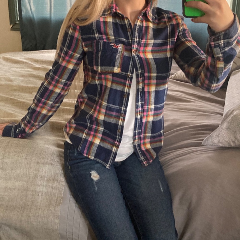 Hollister Navy Blue Long Sleeve Flannel Top Sz XS - Picture 5 of 9